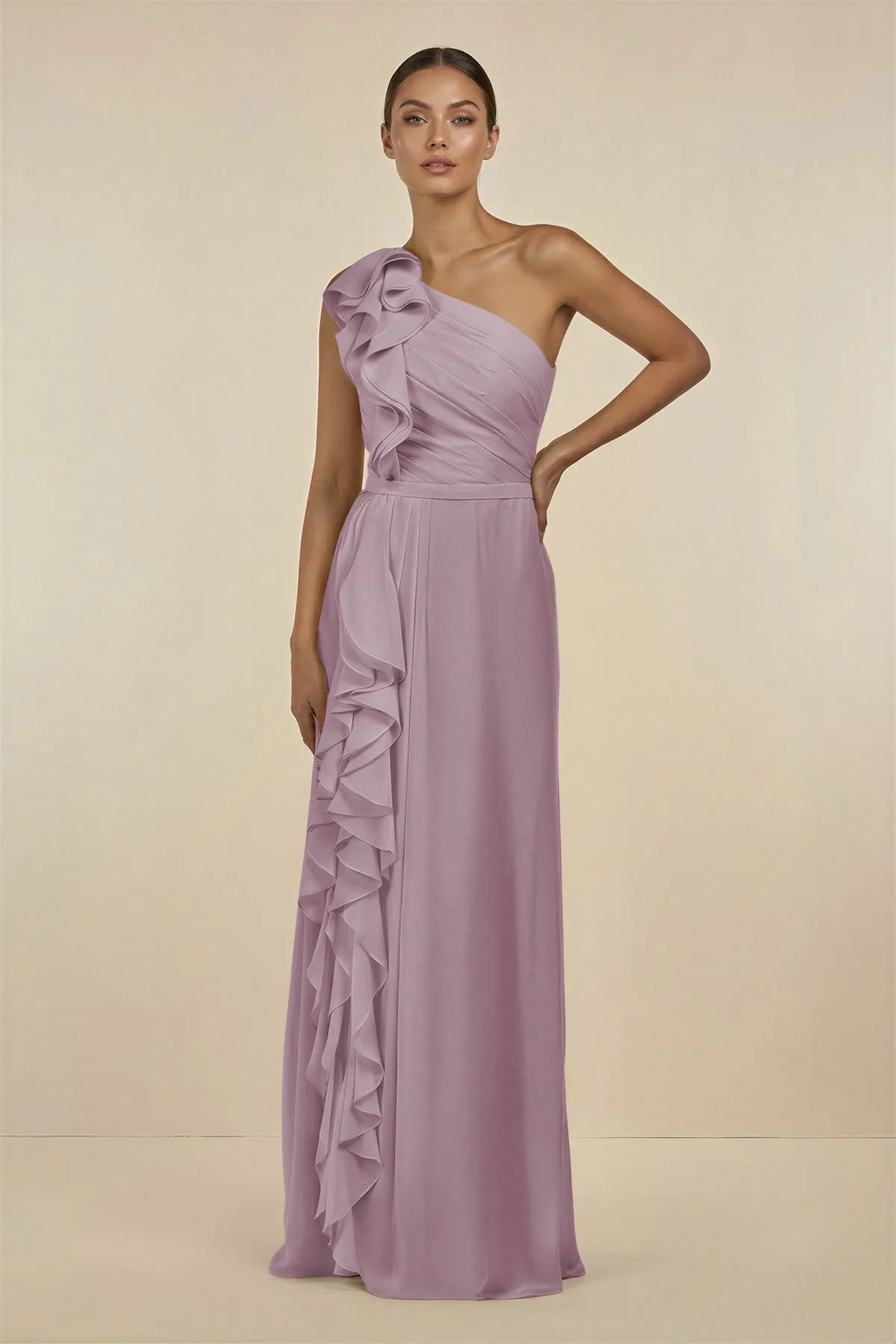 Ruffled One-Shoulder Pleated Sheath Bridesmaid Dress in Dusk sold by KissProm