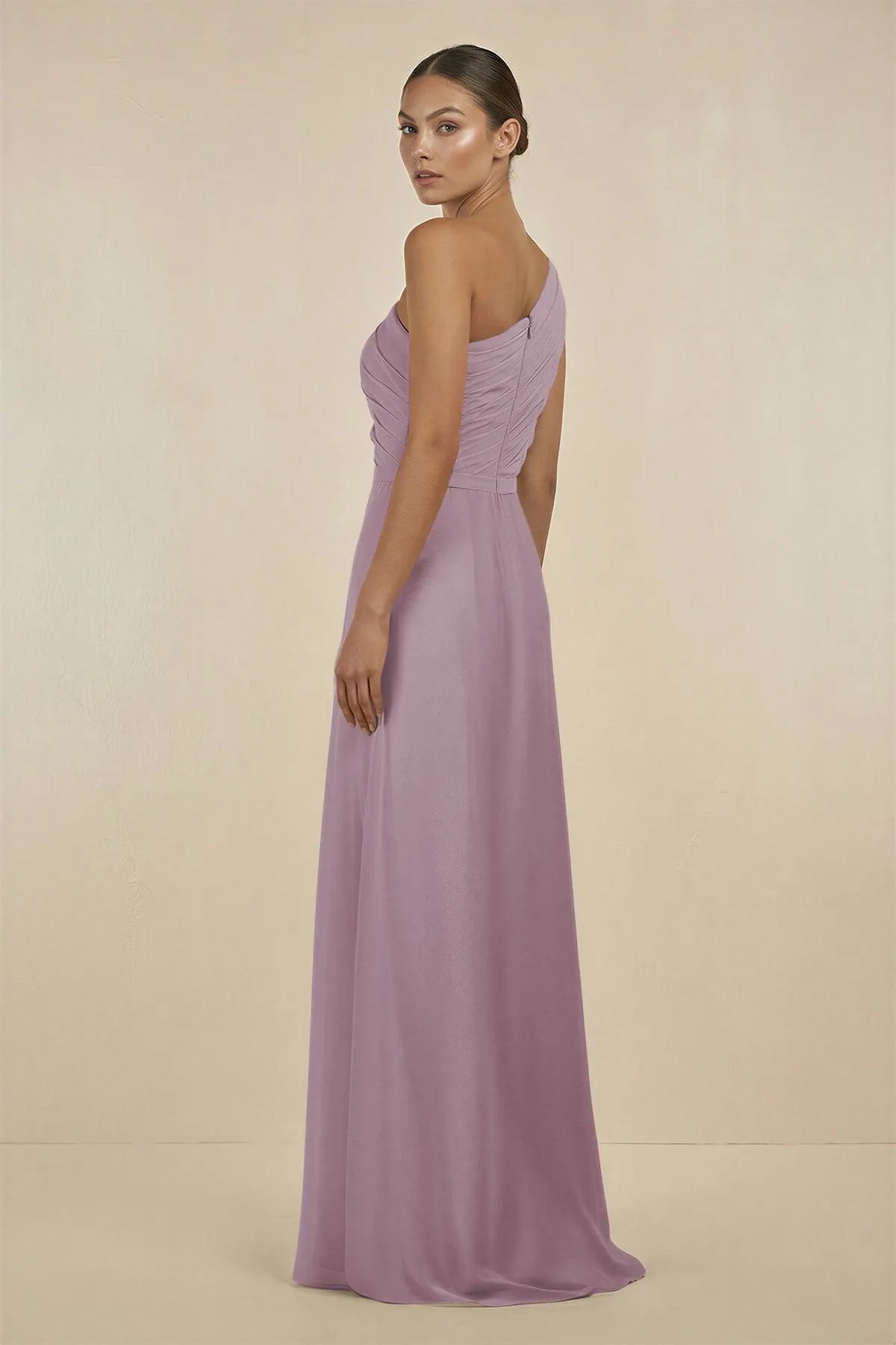 Ruffled One-Shoulder Pleated Sheath Bridesmaid Dress in Dusk sold by KissProm product image thumbnail 2