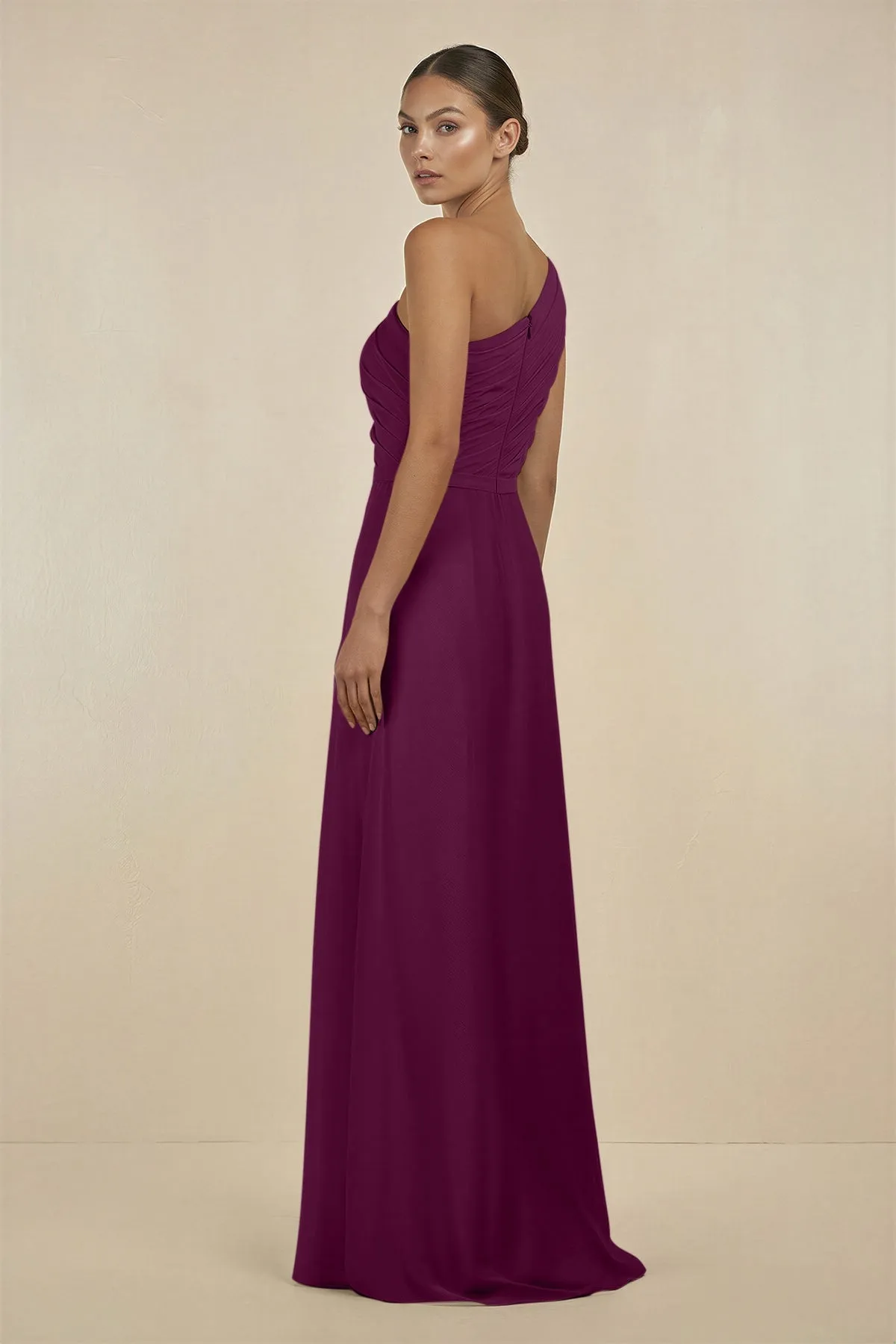 Ruffled One-Shoulder Pleated Sheath Bridesmaid Dress in Fig sold by KissProm product image thumbnail 2