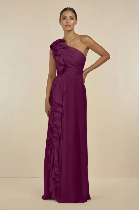 Ruffled One-Shoulder Pleated Sheath Bridesmaid Dress in Fig made by KissProm
