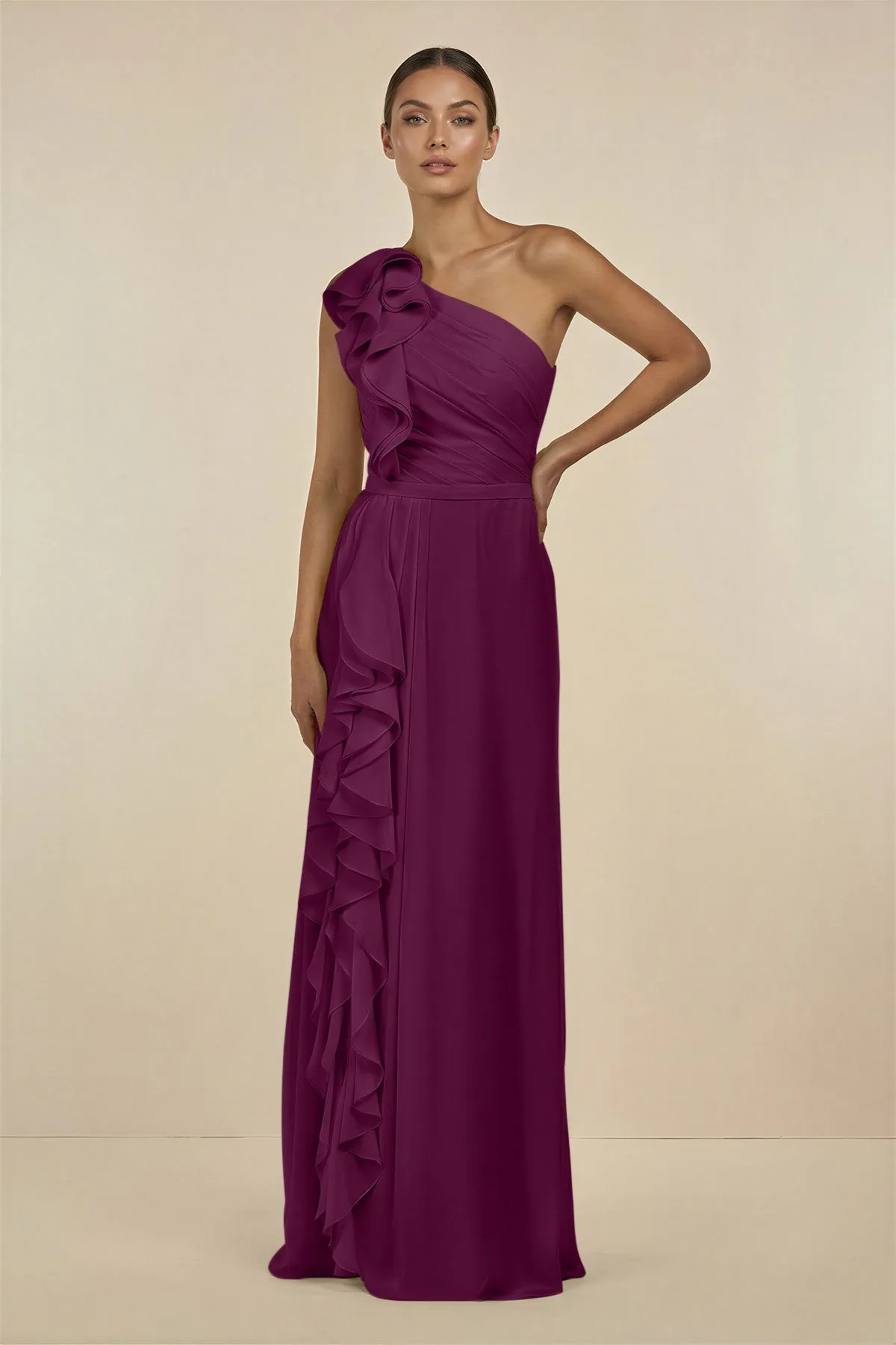 Ruffled One-Shoulder Pleated Sheath Bridesmaid Dress in Fig sold by KissProm