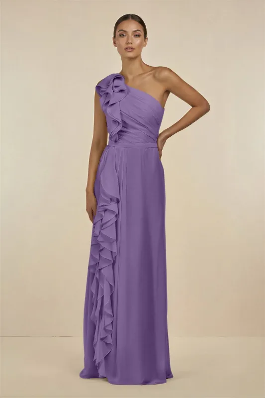 Ruffled One-Shoulder Pleated Sheath Bridesmaid Dress in Tahiti made by KissProm