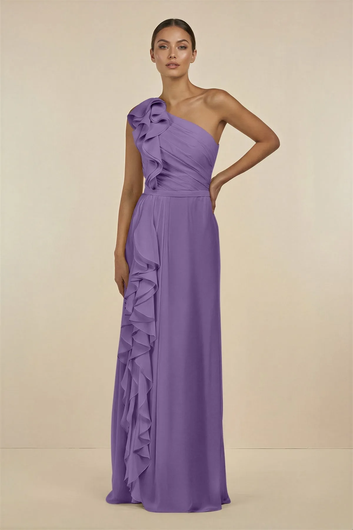 Ruffled One-Shoulder Pleated Sheath Bridesmaid Dress in Tahiti sold by KissProm