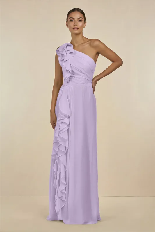 Ruffled One-Shoulder Pleated Sheath Bridesmaid Dress in Lavender made by KissProm