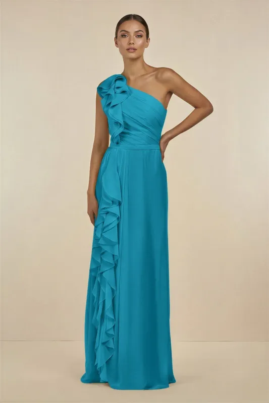 Ruffled One-Shoulder Pleated Sheath Bridesmaid Dress in Blue Jay made by KissProm