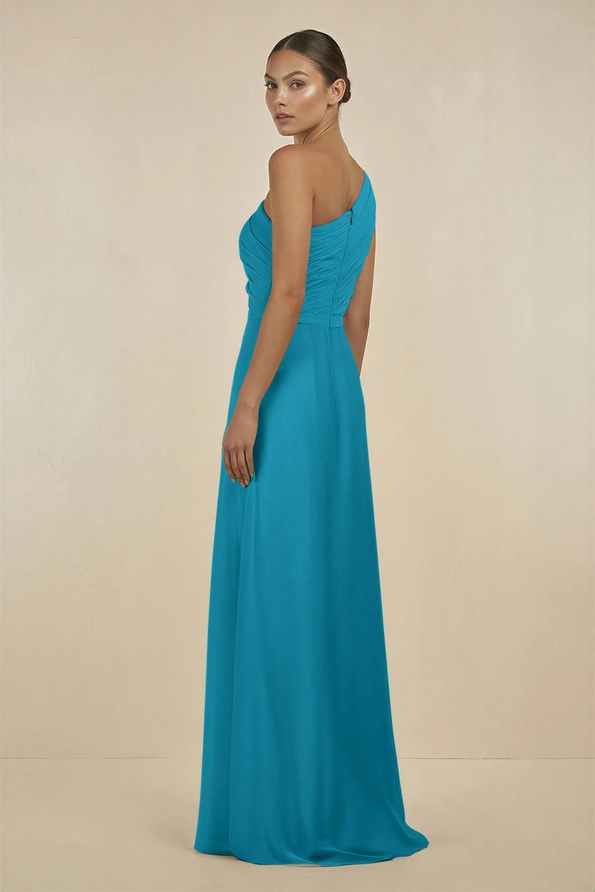 Ruffled One-Shoulder Pleated Sheath Bridesmaid Dress in Blue Jay sold by KissProm product image thumbnail 2