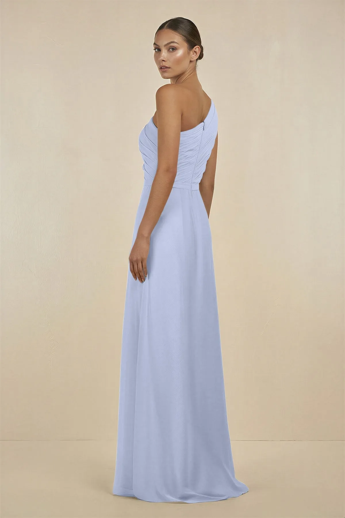 Ruffled One-Shoulder Pleated Sheath Bridesmaid Dress in Ice sold by KissProm product image thumbnail 2