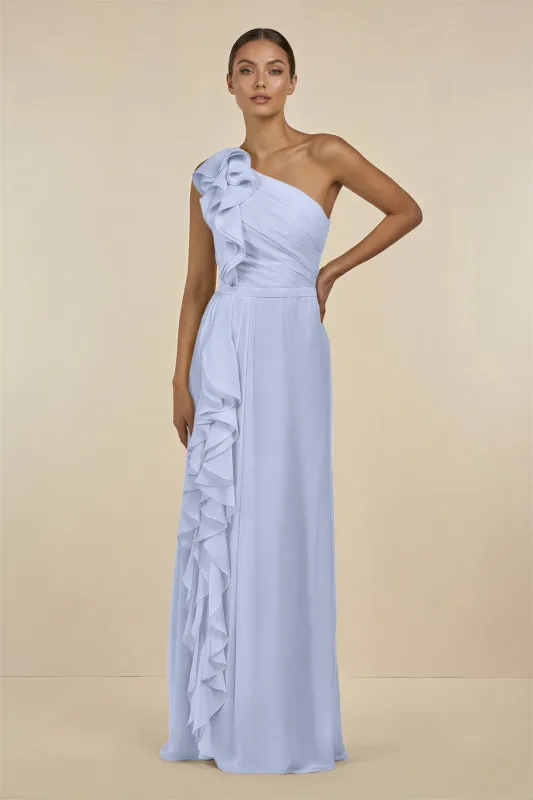 Ruffled One-Shoulder Pleated Sheath Bridesmaid Dress in Ice made by KissProm