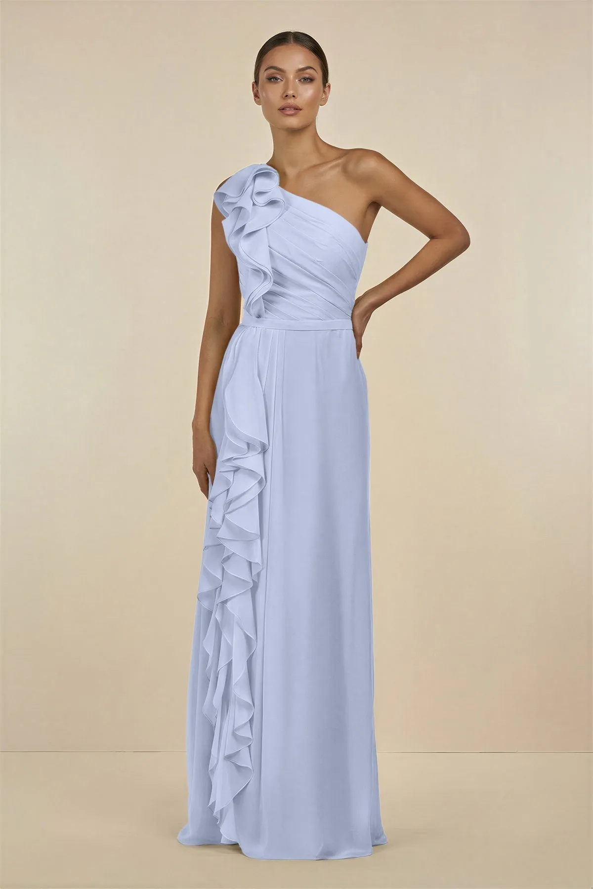 Ruffled One-Shoulder Pleated Sheath Bridesmaid Dress in Ice sold by KissProm