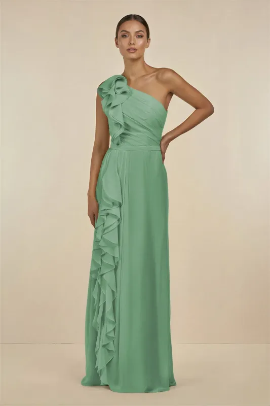 Ruffled One-Shoulder Pleated Sheath Bridesmaid Dress in Sea Glass made by KissProm