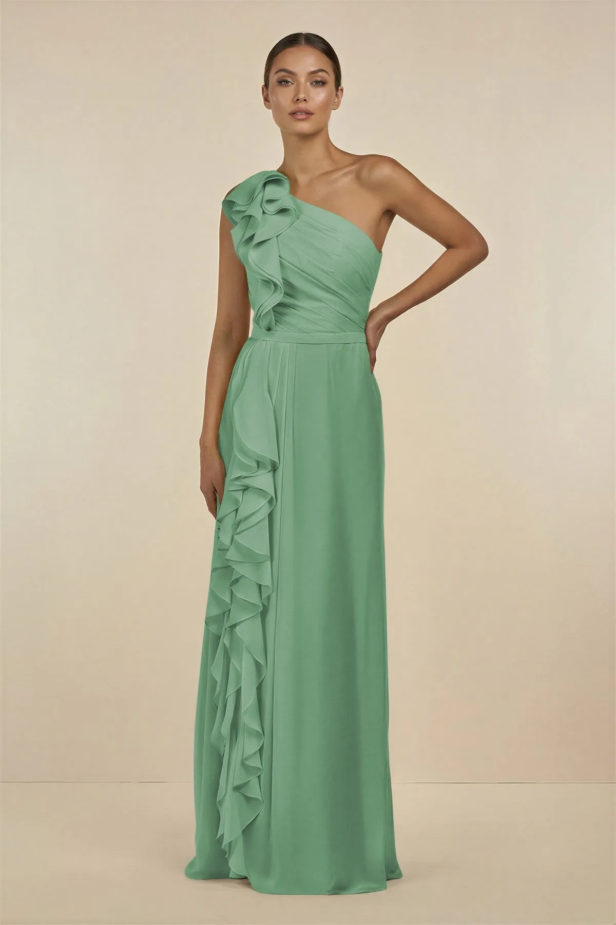 Ruffled One-Shoulder Pleated Sheath Bridesmaid Dress in Sea Glass sold by KissProm