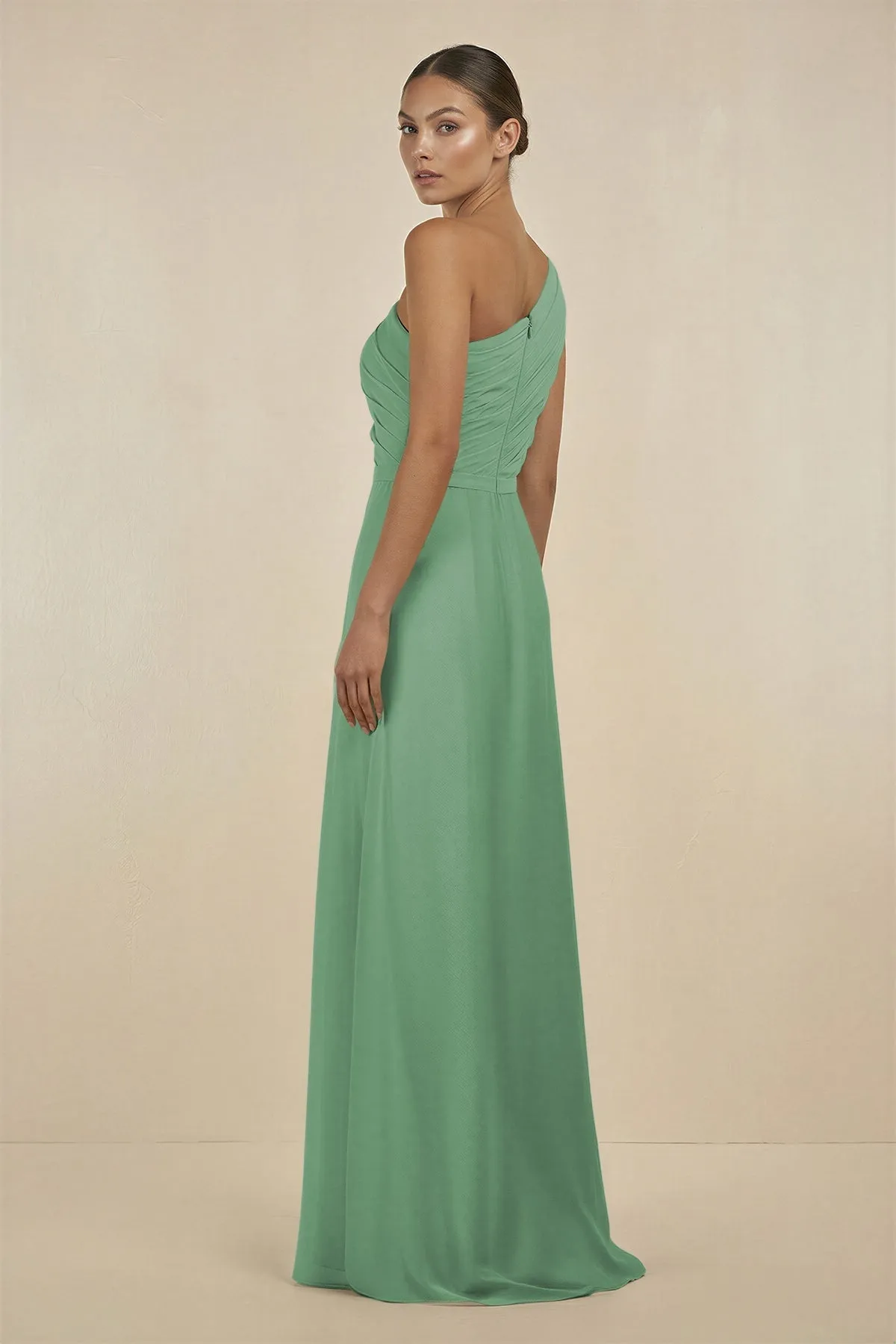 Ruffled One-Shoulder Pleated Sheath Bridesmaid Dress in Sea Glass sold by KissProm product image thumbnail 2