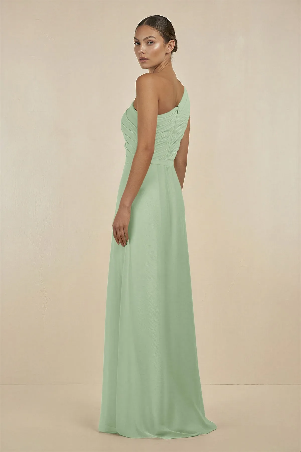 Ruffled One-Shoulder Pleated Sheath Bridesmaid Dress in Sage sold by KissProm product image thumbnail 2