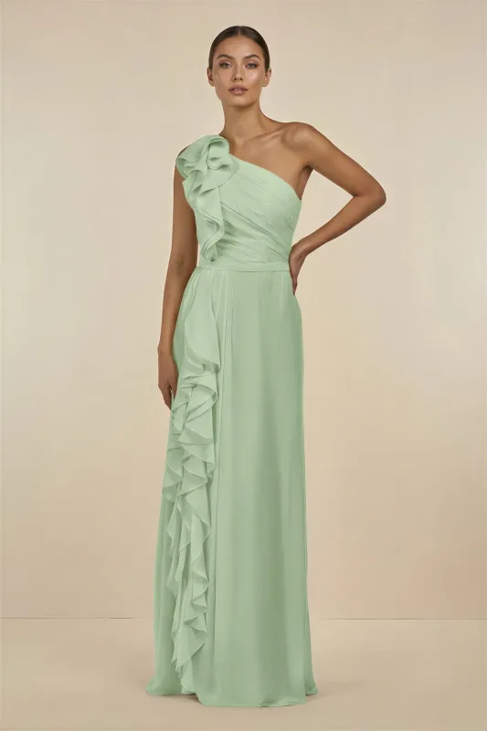 Ruffled One-Shoulder Pleated Sheath Bridesmaid Dress in Sage made by KissProm