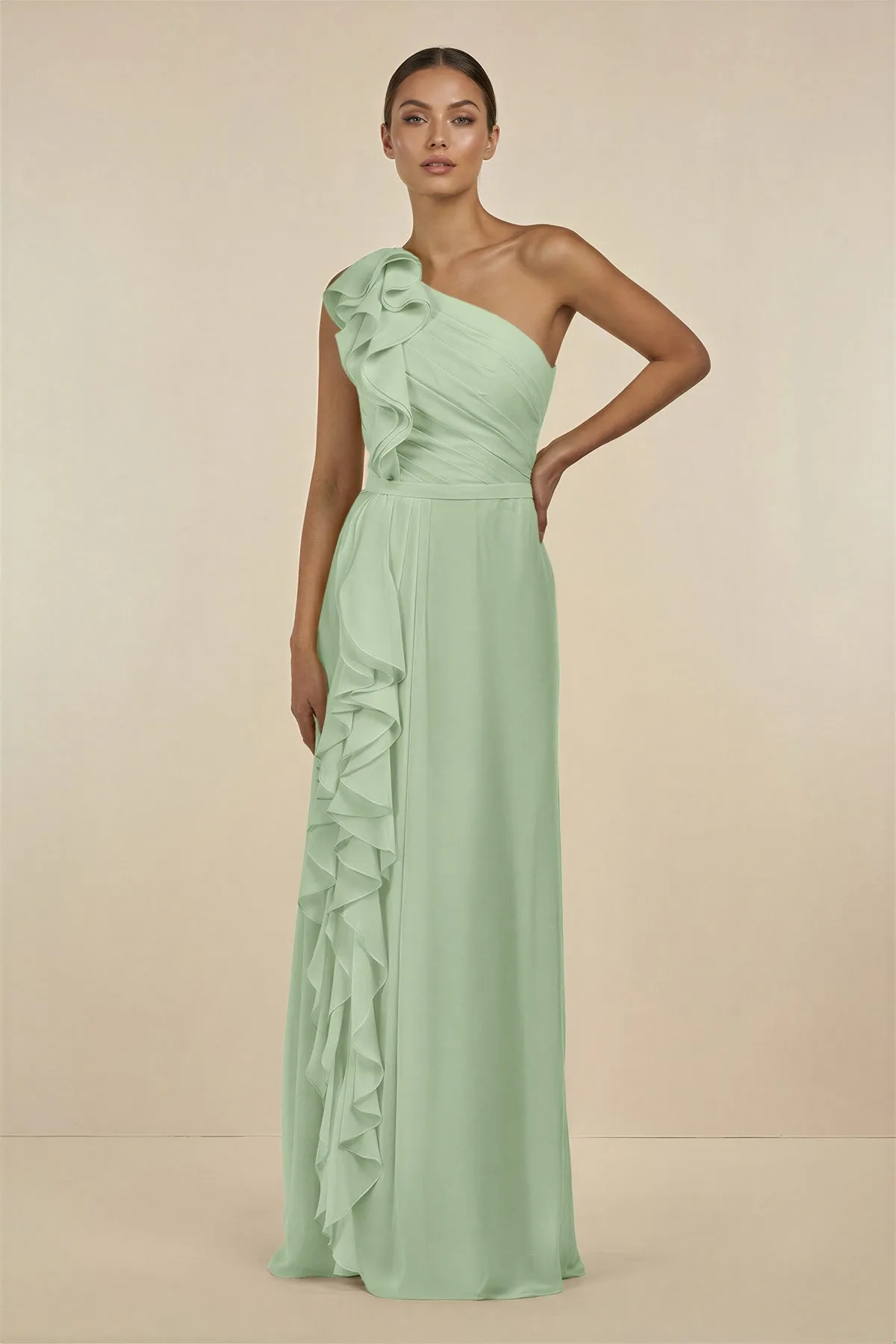 Ruffled One-Shoulder Pleated Sheath Bridesmaid Dress in Sage sold by KissProm