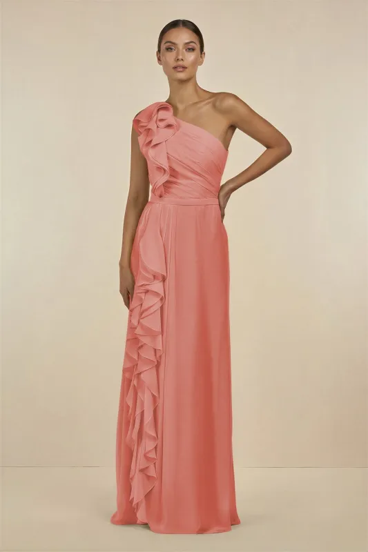 Ruffled One-Shoulder Pleated Sheath Bridesmaid Dress in Mulberry made by KissProm