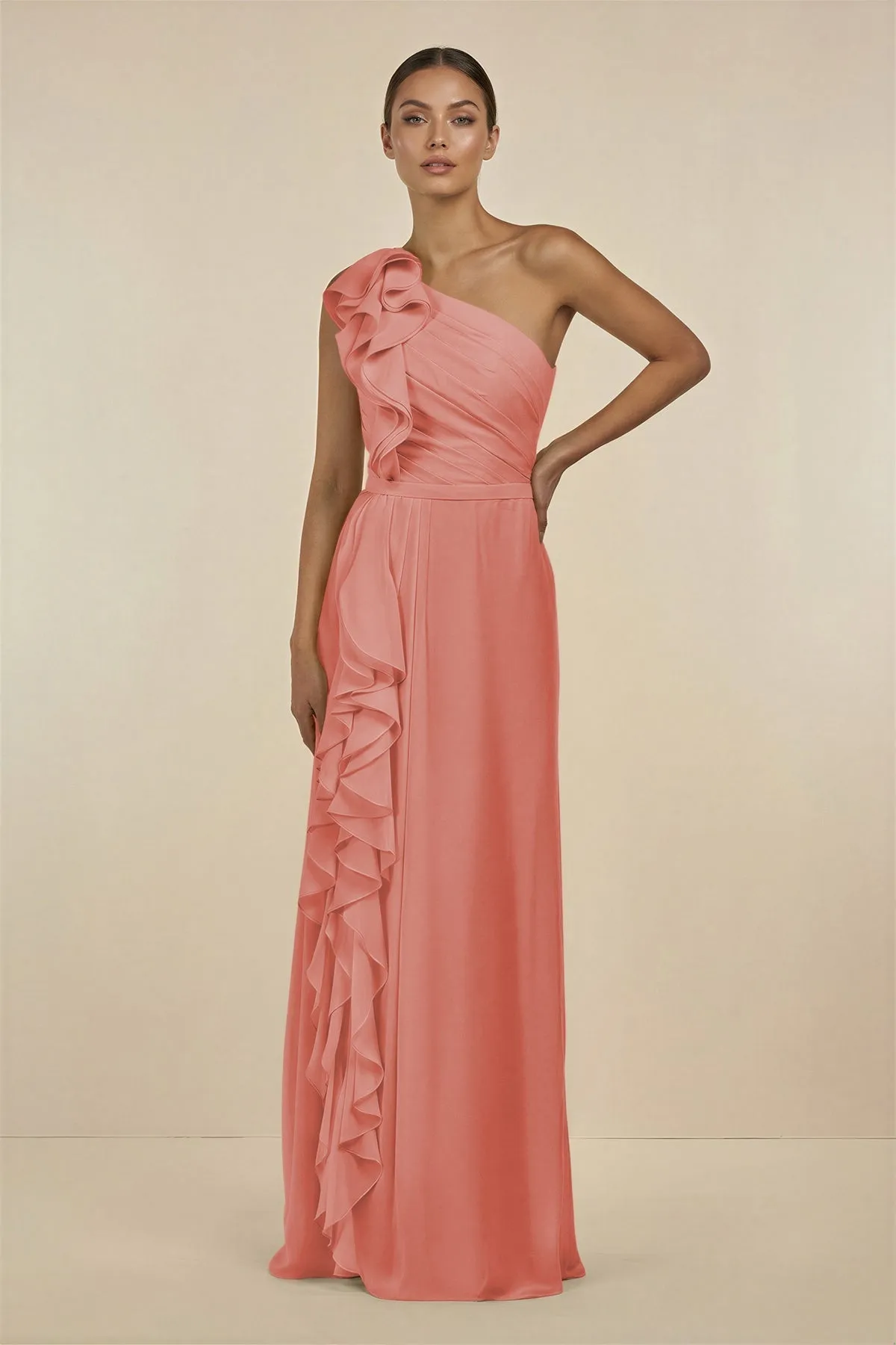 Ruffled One-Shoulder Pleated Sheath Bridesmaid Dress in Mulberry sold by KissProm