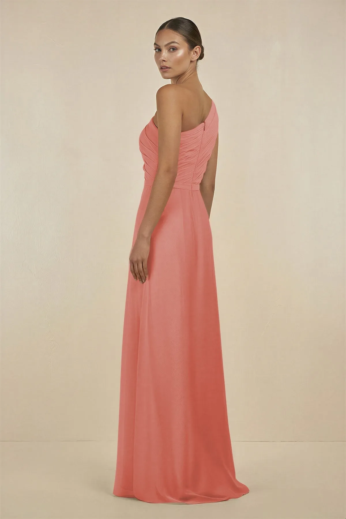 Ruffled One-Shoulder Pleated Sheath Bridesmaid Dress in Mulberry sold by KissProm product image thumbnail 2