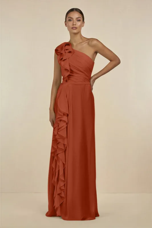 Ruffled One-Shoulder Pleated Sheath Bridesmaid Dress in Spice made by KissProm
