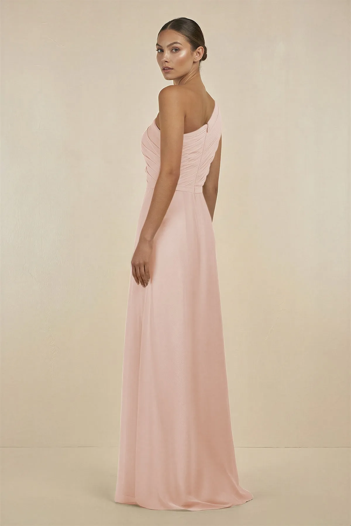 Ruffled One-Shoulder Pleated Sheath Bridesmaid Dress in Pale Blush sold by KissProm product image thumbnail 2