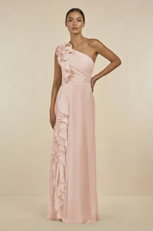 Ruffled One-Shoulder Pleated Sheath Bridesmaid Dress in Pale Blush made by KissProm