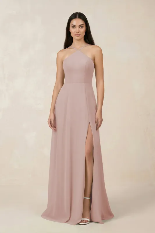 Halter Chiffon A-Line Bridesmaid Dress With Slit in Toffee made by KissProm