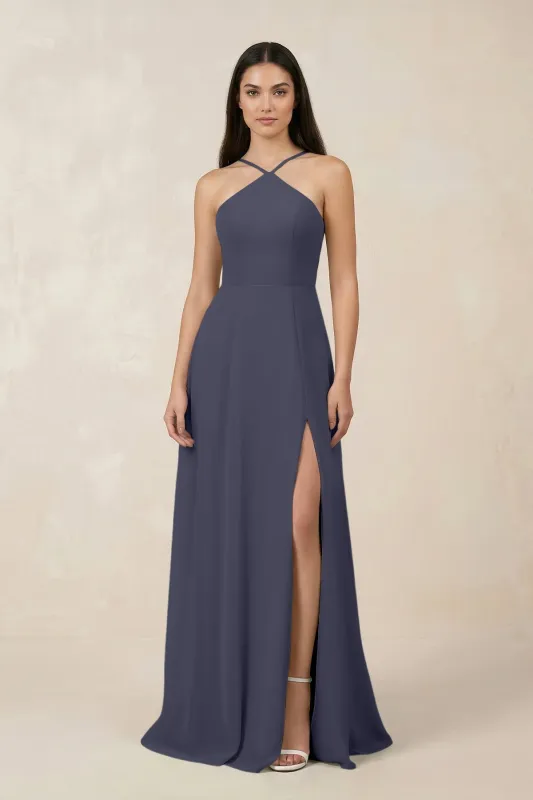 Halter Chiffon A-Line Bridesmaid Dress With Slit in Dusk Blue made by KissProm