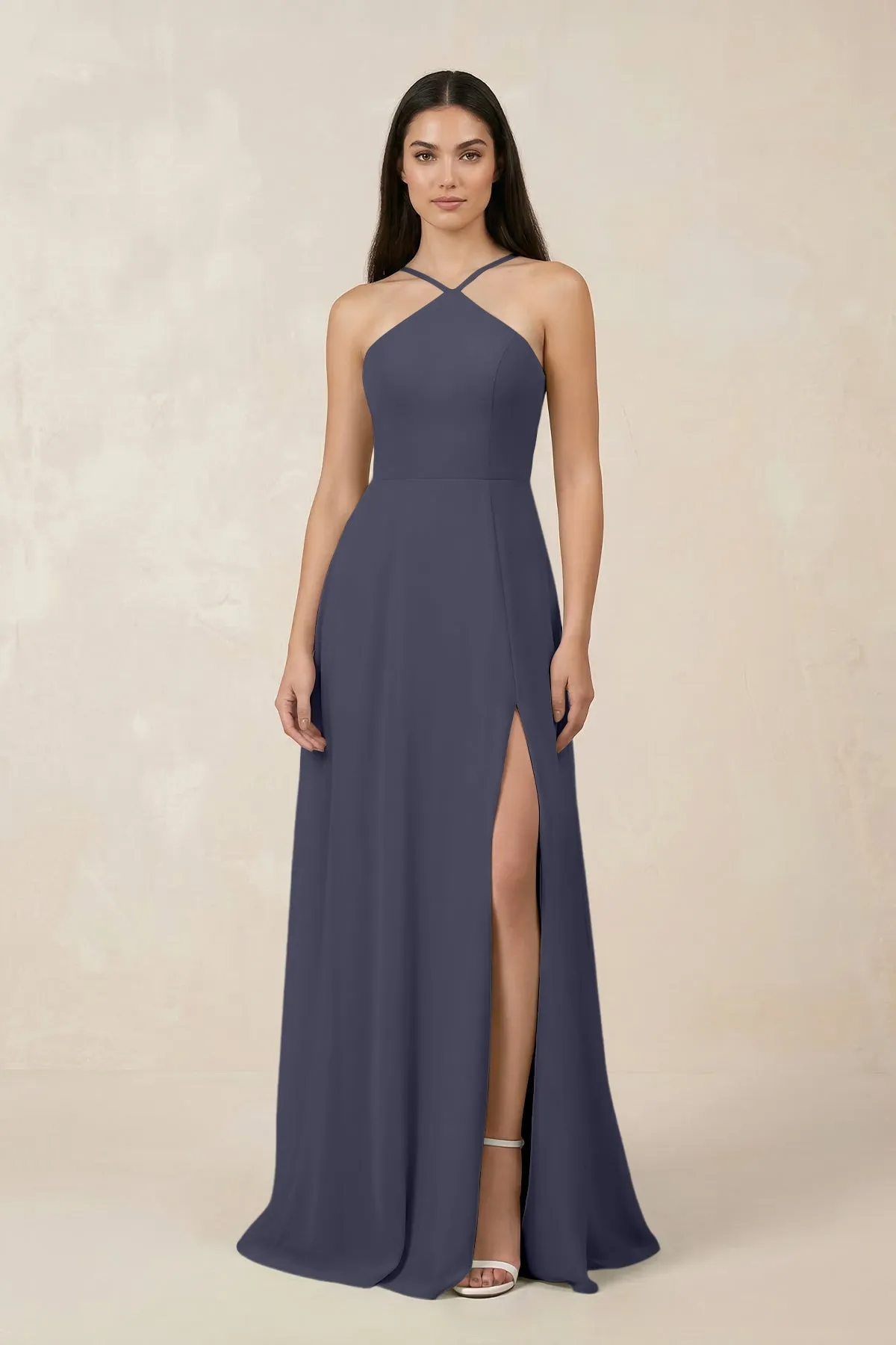 Halter Chiffon A-Line Bridesmaid Dress With Slit in Dusk Blue sold by KissProm