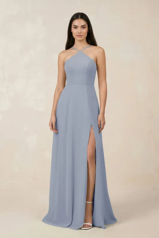 Halter Chiffon A-Line Bridesmaid Dress With Slit in Twilight made by KissProm