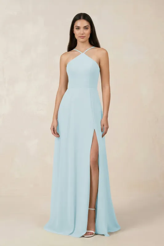 Halter Chiffon A-Line Bridesmaid Dress With Slit in Sky Blue made by KissProm