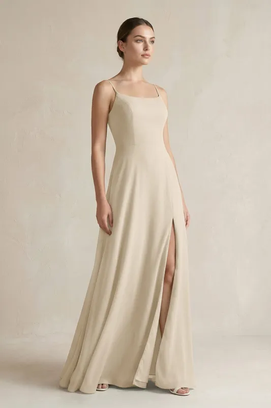 A-Line Chiffon Spaghetti Strap Bridesmaid Dress in Champagne made by KissProm