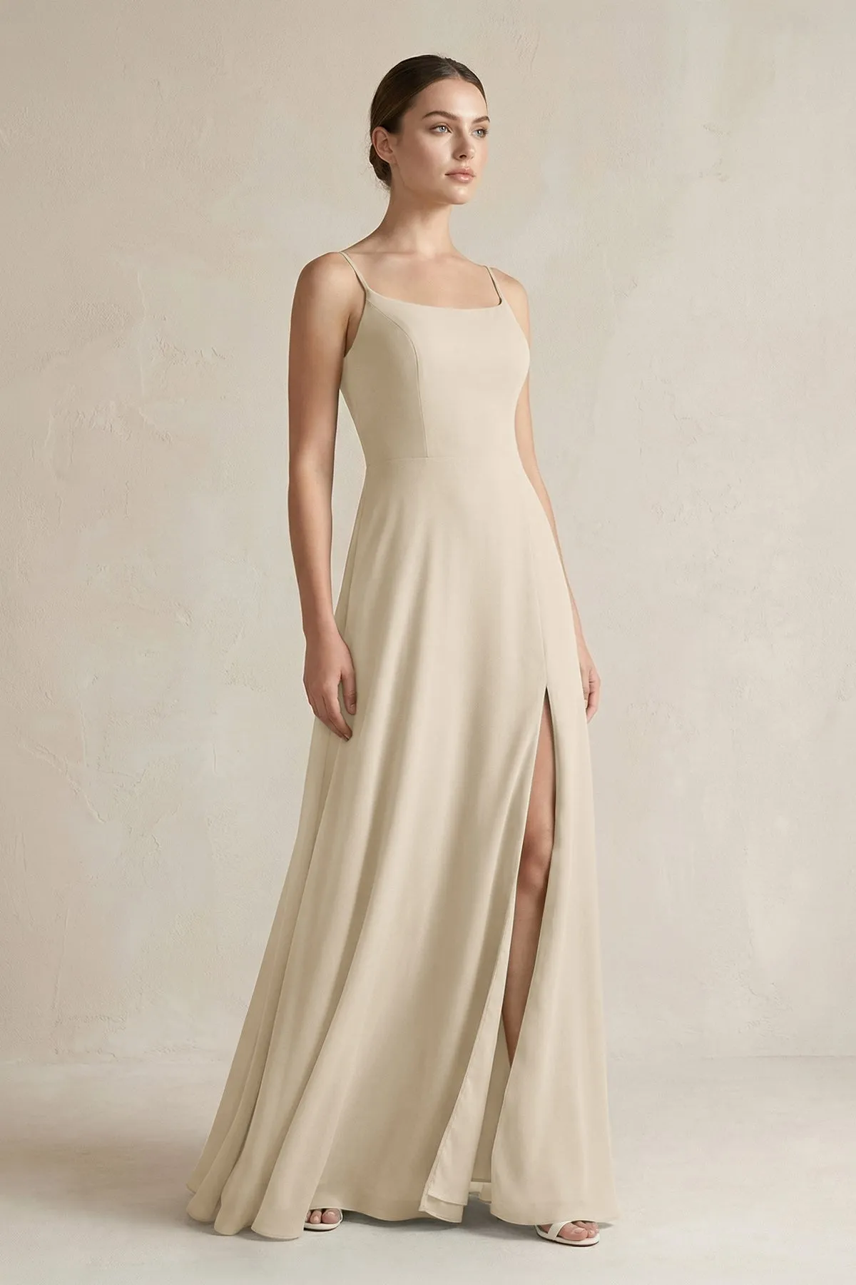 A-Line Chiffon Spaghetti Strap Bridesmaid Dress in Champagne sold by KissProm