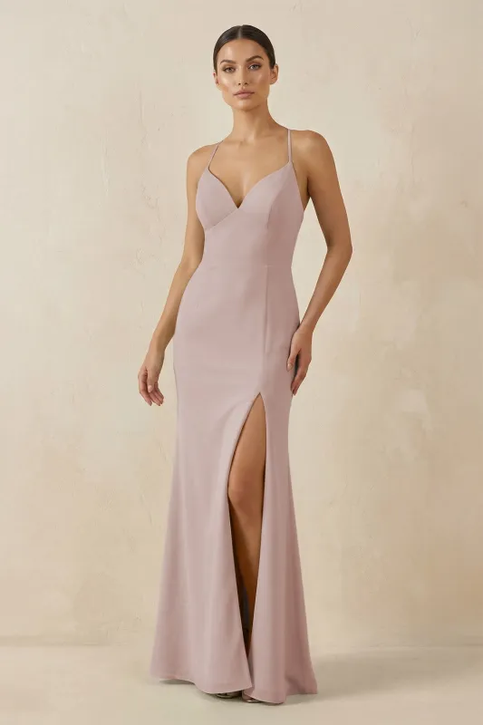 Spaghetti Strap Sheath Chiffon Bridesmaid Dress With Slit in Toffee made by KissProm