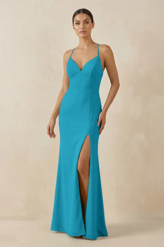 Spaghetti Strap Sheath Chiffon Bridesmaid Dress With Slit in Blue Jay made by KissProm