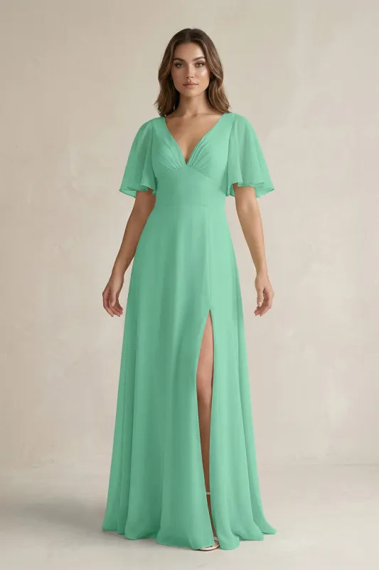 Flutter Sleeve V-Neck A-Line Chiffon Bridesmaid Dress in Turquoise made by KissProm