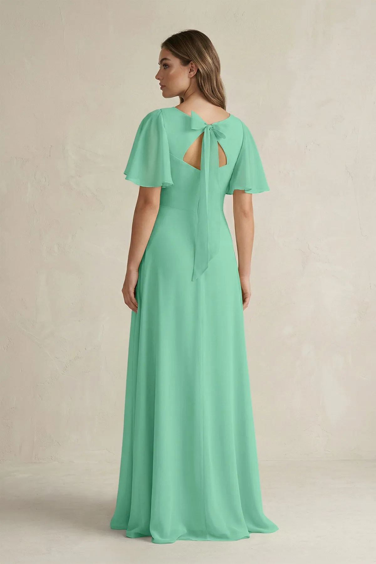 Flutter Sleeve V-Neck A-Line Chiffon Bridesmaid Dress in Turquoise sold by KissProm product image thumbnail 2
