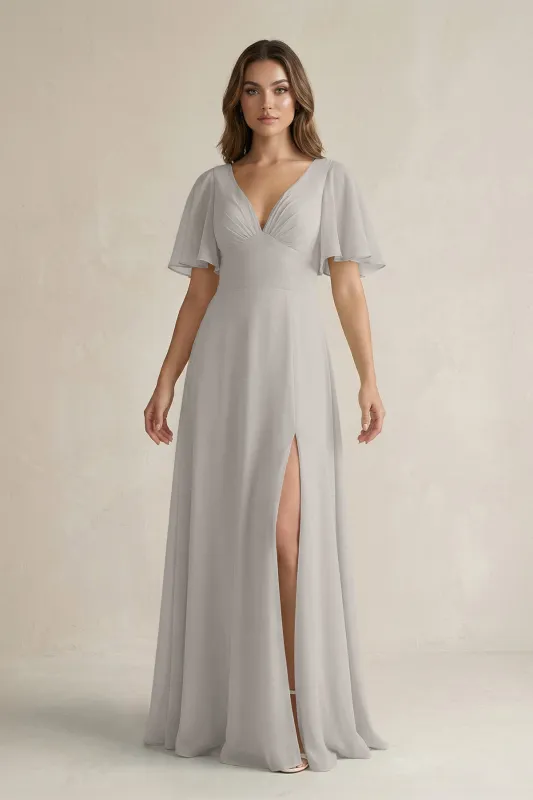 Flutter Sleeve V-Neck A-Line Chiffon Bridesmaid Dress in Silver made by KissProm