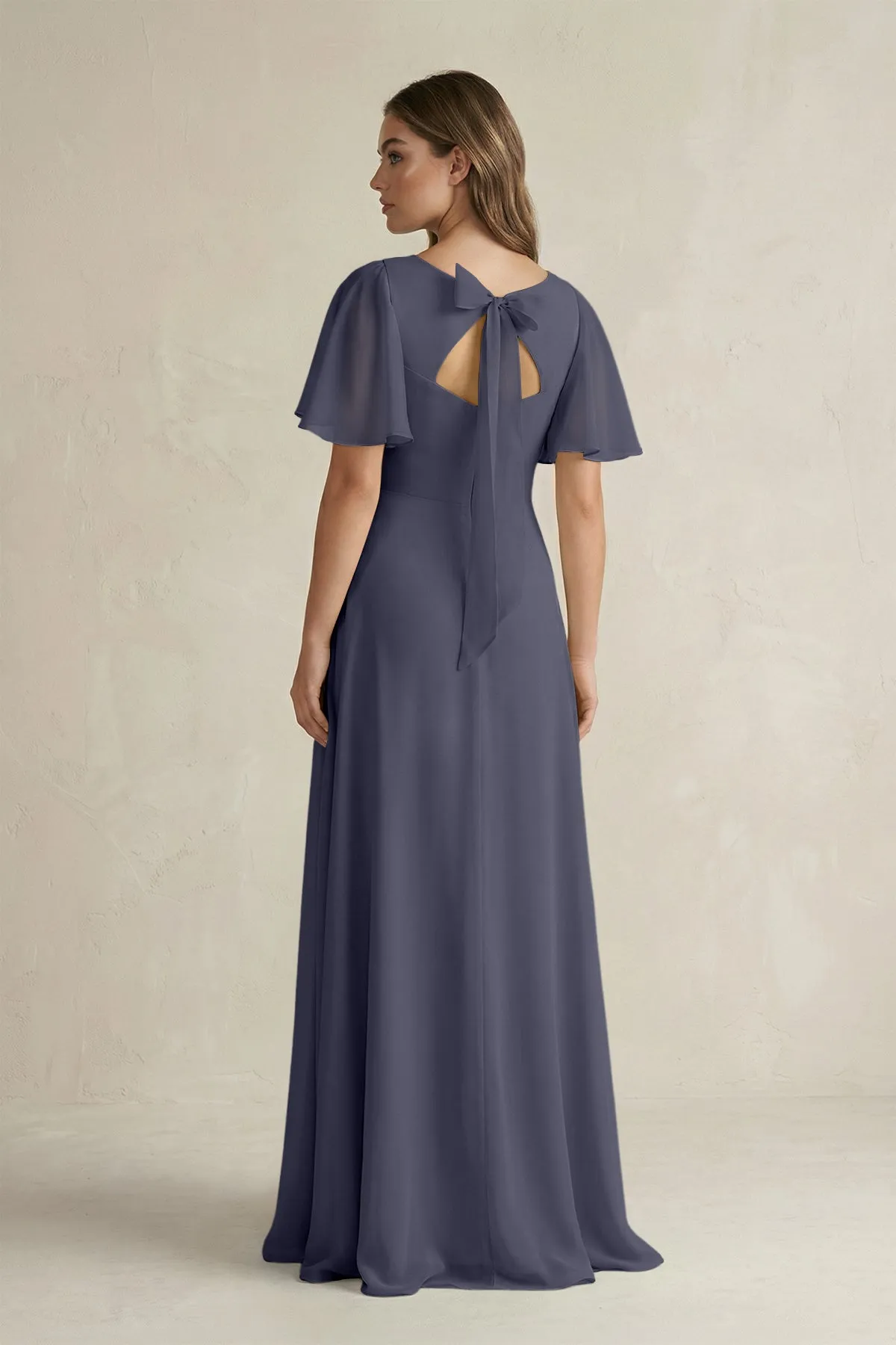 Flutter Sleeve V-Neck A-Line Chiffon Bridesmaid Dress in Dusk Blue sold by KissProm product image thumbnail 2