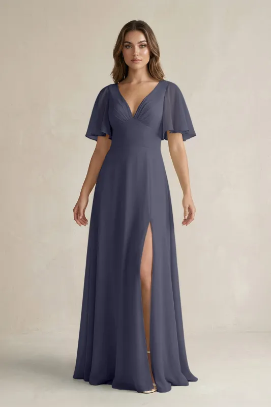Flutter Sleeve V-Neck A-Line Chiffon Bridesmaid Dress in Dusk Blue made by KissProm