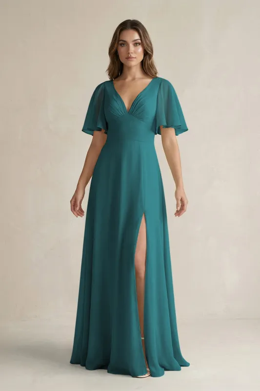 Flutter Sleeve V-Neck A-Line Chiffon Bridesmaid Dress in Pine made by KissProm