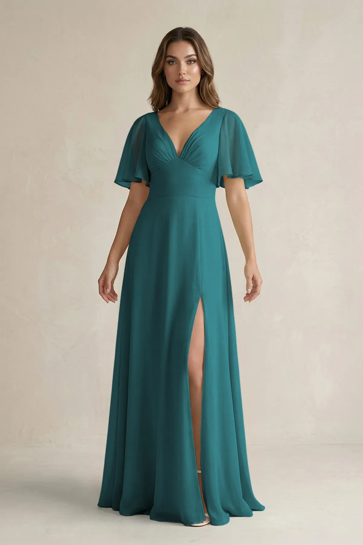 Flutter Sleeve V-Neck A-Line Chiffon Bridesmaid Dress in Pine sold by KissProm