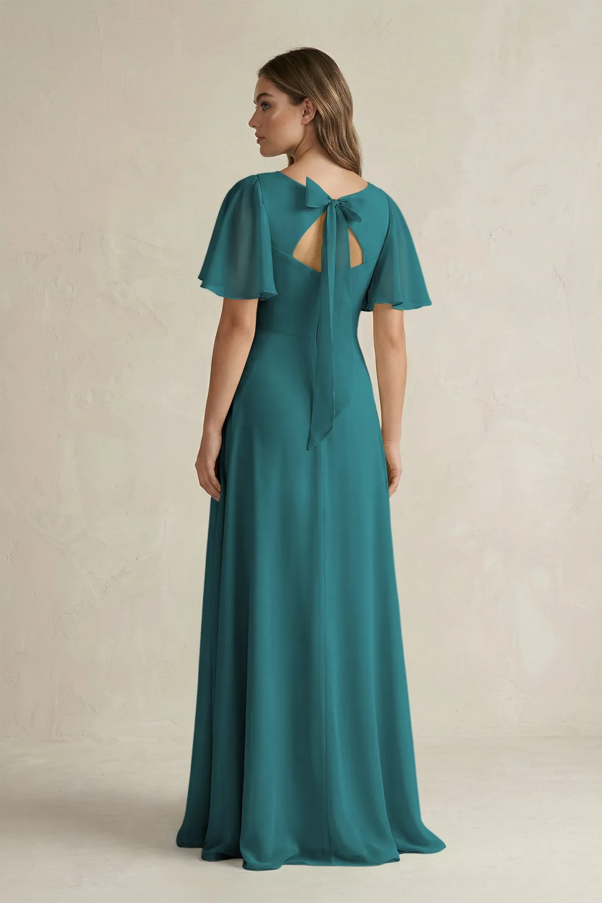 Flutter Sleeve V-Neck A-Line Chiffon Bridesmaid Dress in Pine sold by KissProm product image thumbnail 2