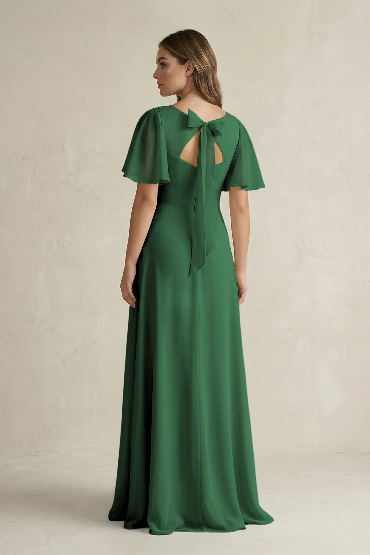 Flutter Sleeve V-Neck A-Line Chiffon Bridesmaid Dress in Dark Green sold by KissProm product image thumbnail 2