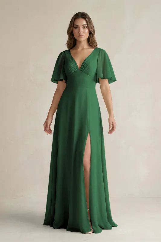 Flutter Sleeve V-Neck A-Line Chiffon Bridesmaid Dress in Dark Green made by KissProm