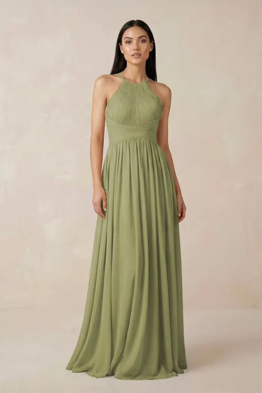 Halter Neck A-Line Chiffon Bridesmaid Dress in Moss Green made by KissProm