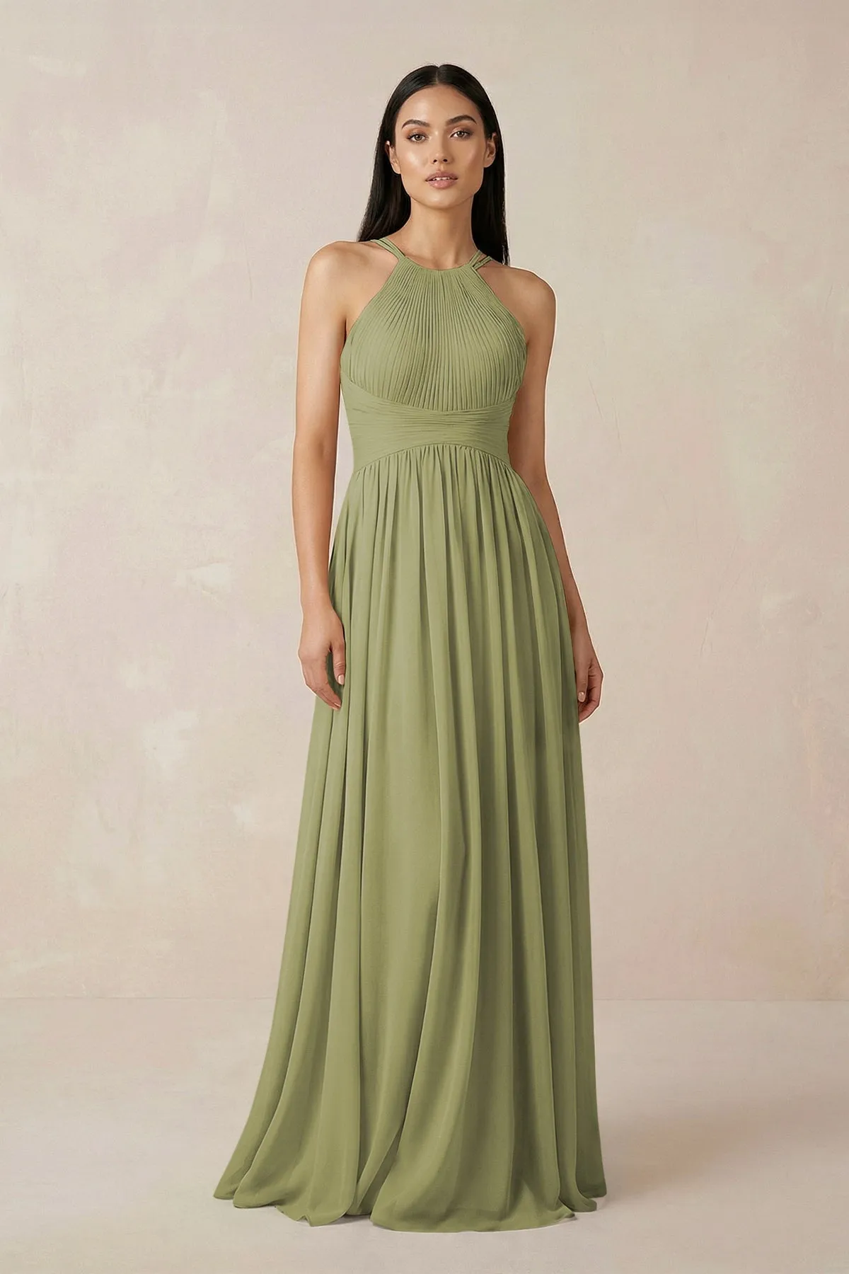 Halter Neck A-Line Chiffon Bridesmaid Dress in Moss Green sold by KissProm