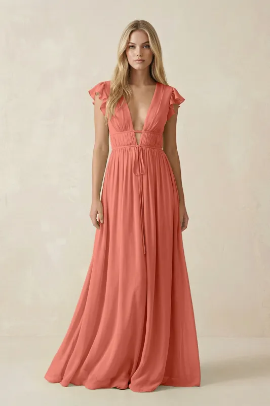 V-Neck A-Line Chiffon Cap Sleeves Bridesmaid Dress in Wild Rose made by KissProm