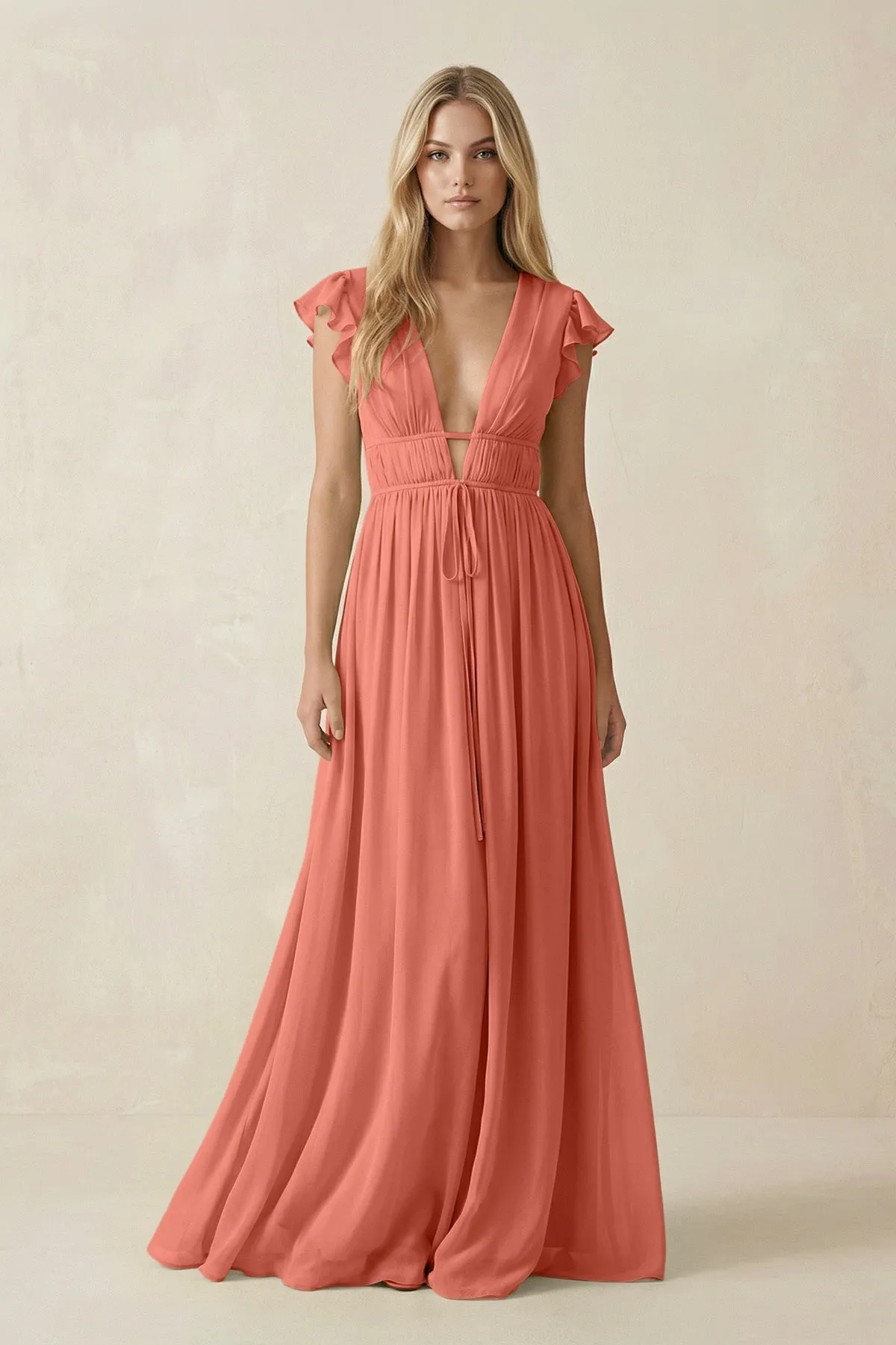 V-Neck A-Line Chiffon Cap Sleeves Bridesmaid Dress in Wild Rose sold by KissProm
