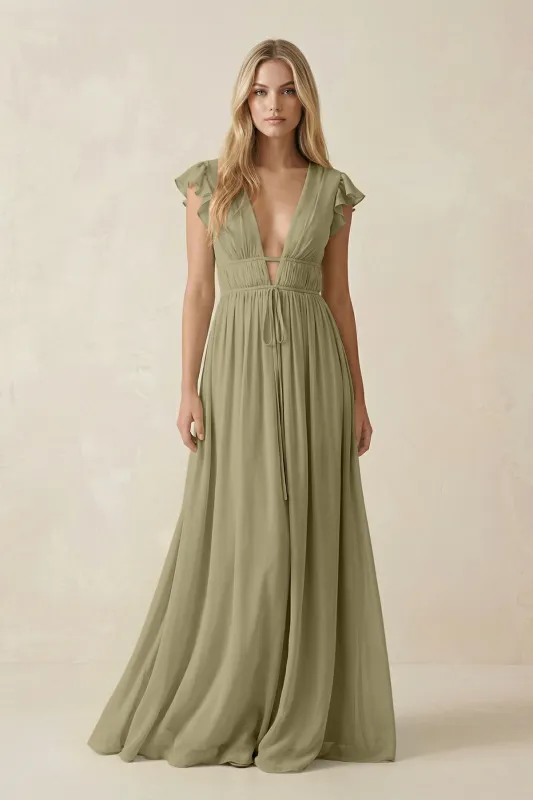 V-Neck A-Line Chiffon Cap Sleeves Bridesmaid Dress in Thyme made by KissProm