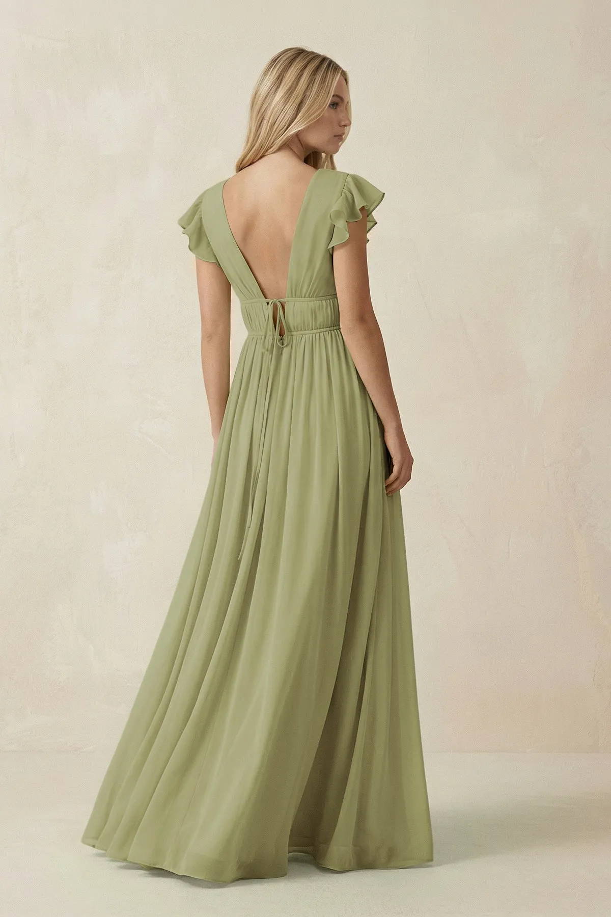 V-Neck A-Line Chiffon Cap Sleeves Bridesmaid Dress in Moss Green sold by KissProm product image thumbnail 2